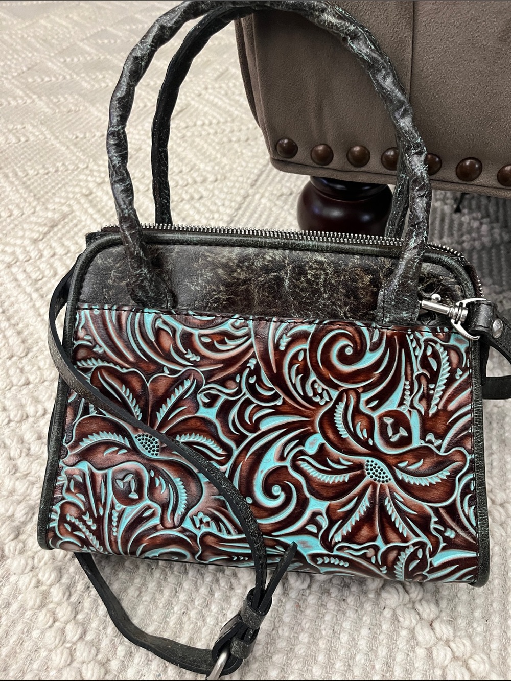 Patricia Nash tooled leather Turquoise Allie satchel w/ Crossbody EUC
